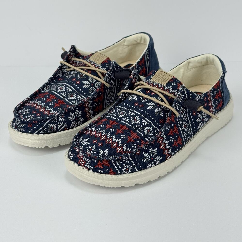 Hey Dude Wendy Womens 8 Navy Christmas Sweater Slip On Loafers NEW
